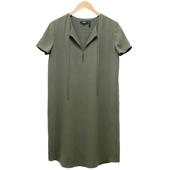 Theory Dress Women's Size 8 Keyhole Tie Shift Drapey Crepe Dress Military Green - Picture 2 of 13